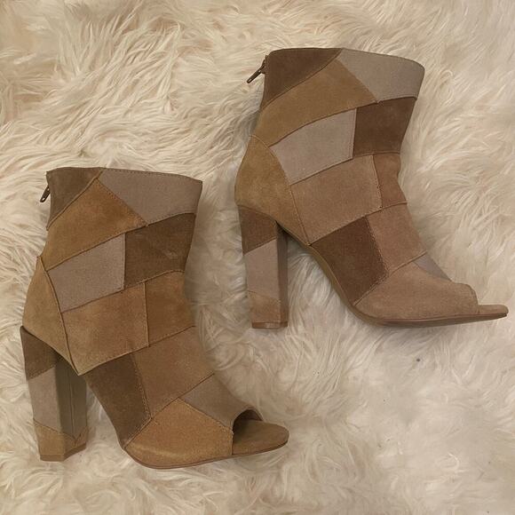 Torrid 7W Patchwork Heeled Booties | Leather Upper, Peep Toe, Neutral Suede - Picture 9 of 9
